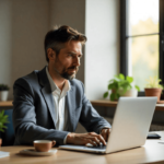 Um psicólogo sentado à mesa mexendo em seu notebook,organizando a agenda