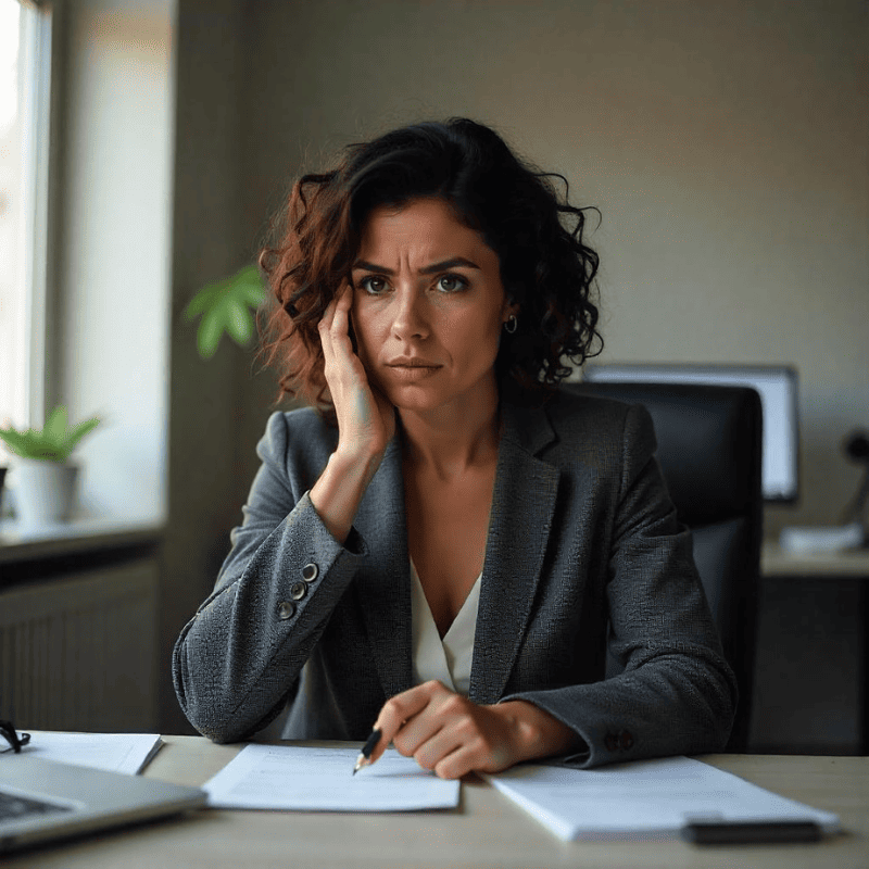 Uma psicóloga sentada à mesa,em seu consultório,preocupada com a falta de paciente