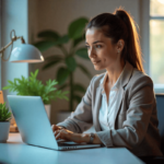 Uma psicóloga sentada à mesa,no seu consultório,mexendo em seu notebook.