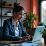 Uma psicóloga no seu consultório mexendo no notebook
